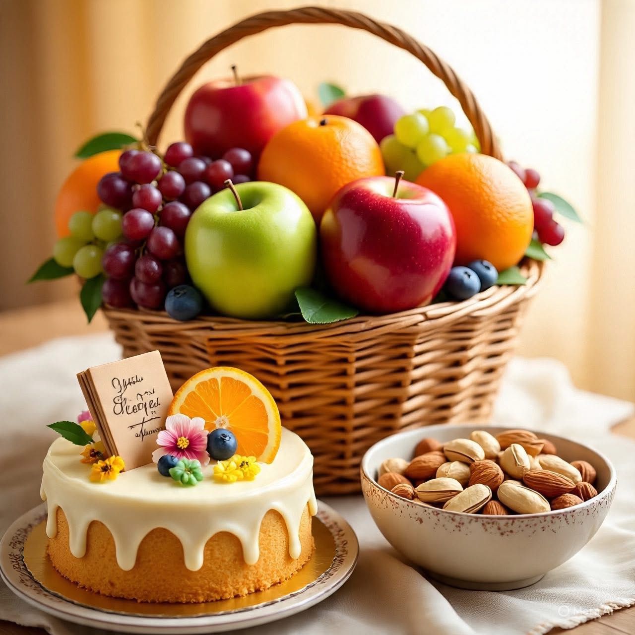 Pink Roses Bouquet with Fresh Fruit Basket & Greeting Card