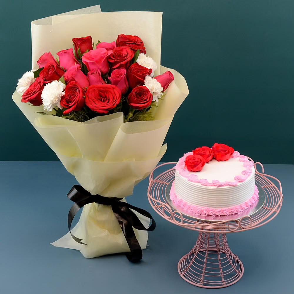 Stunning Flower Bouquet and Cake Combo