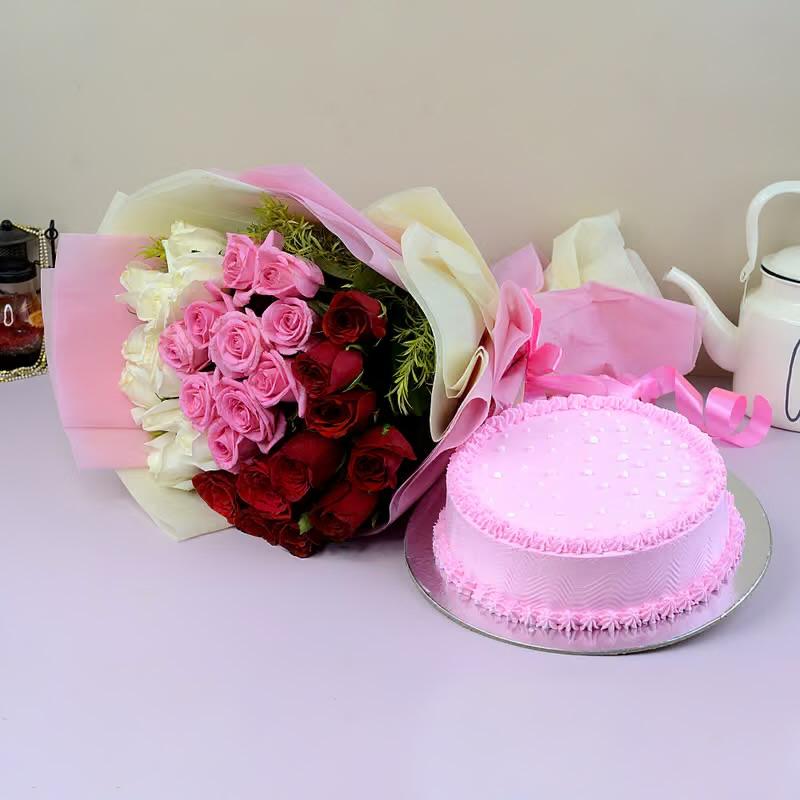 Stunning Flower Bouquet and Cake Combo