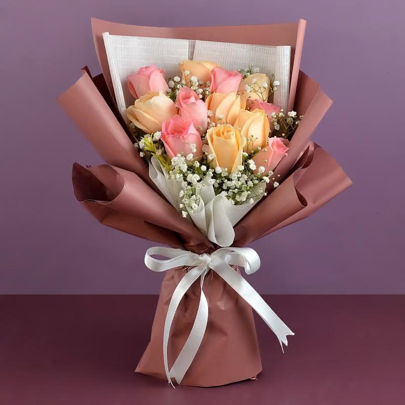 Elegant Mixed Rose Bouquet with Pink Ribbon