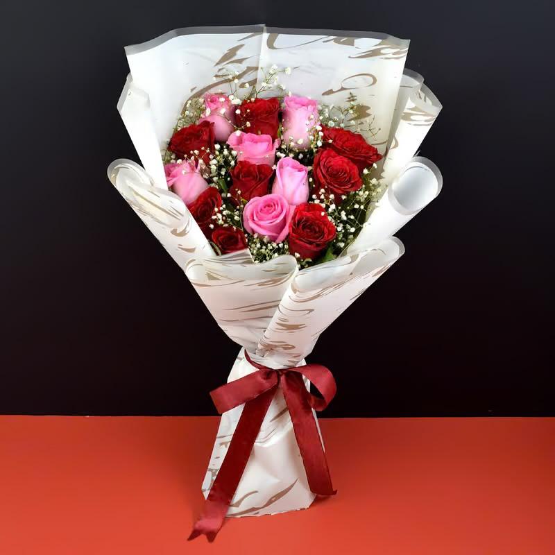 Elegant Mixed Rose Bouquet with Pink Ribbon