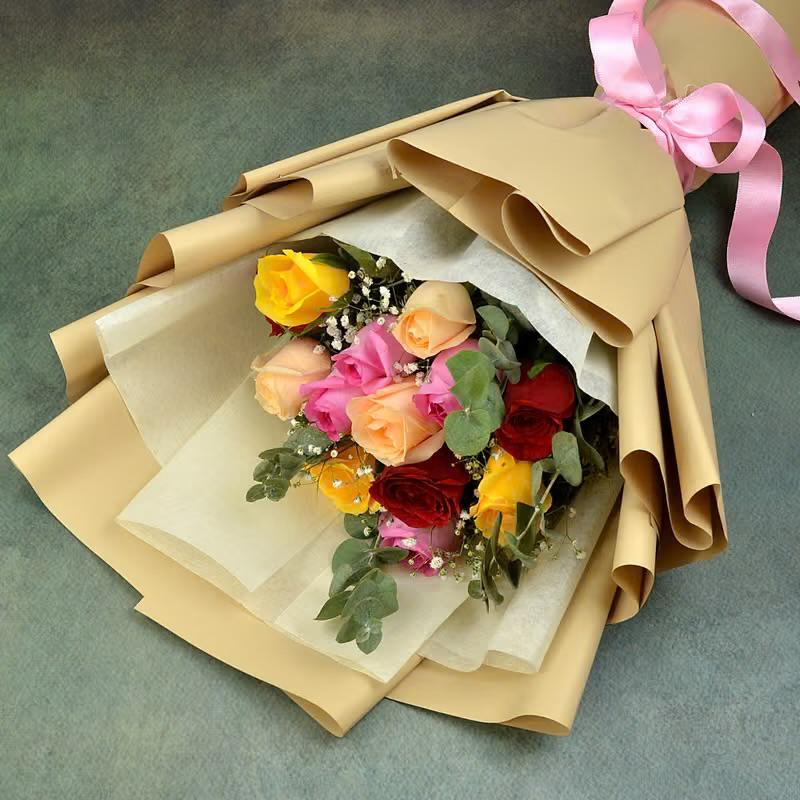 Elegant Mixed Rose Bouquet with Pink Ribbon