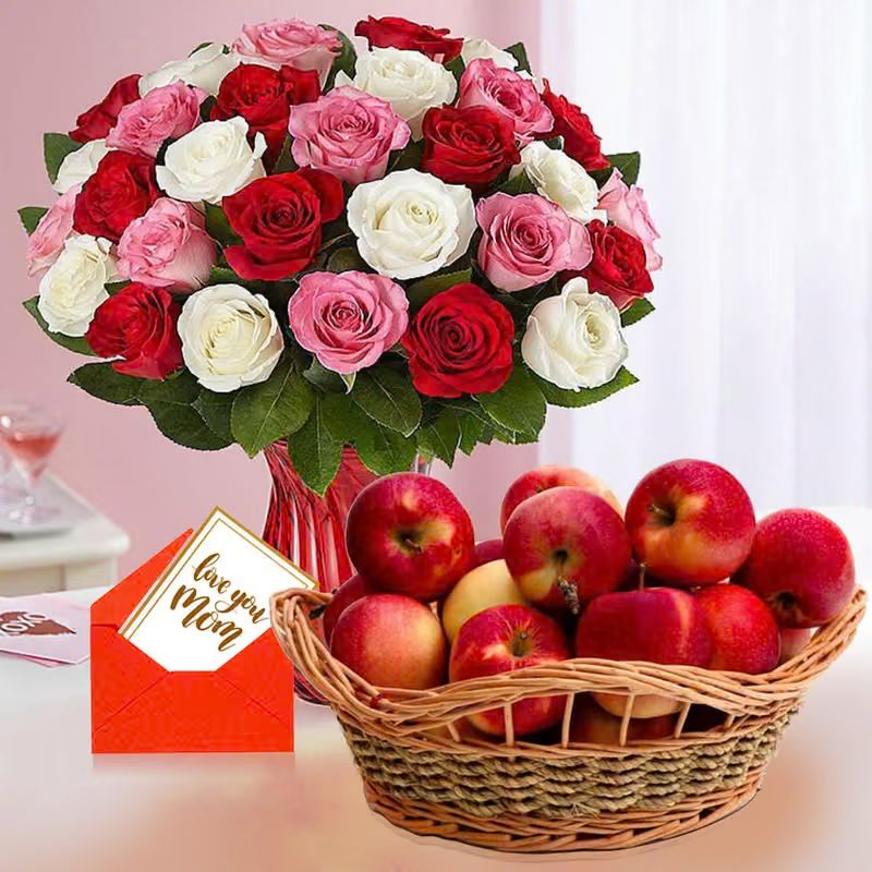 Pink Roses Bouquet with Fresh Fruit Basket & Greeting Card