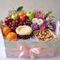 Pink Roses Bouquet with Fresh Fruit Basket & Greeting Card