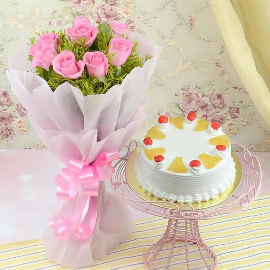 Stunning Flower Bouquet and Cake Combo