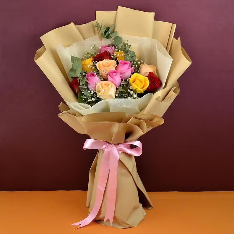 Elegant Mixed Rose Bouquet with Pink Ribbon