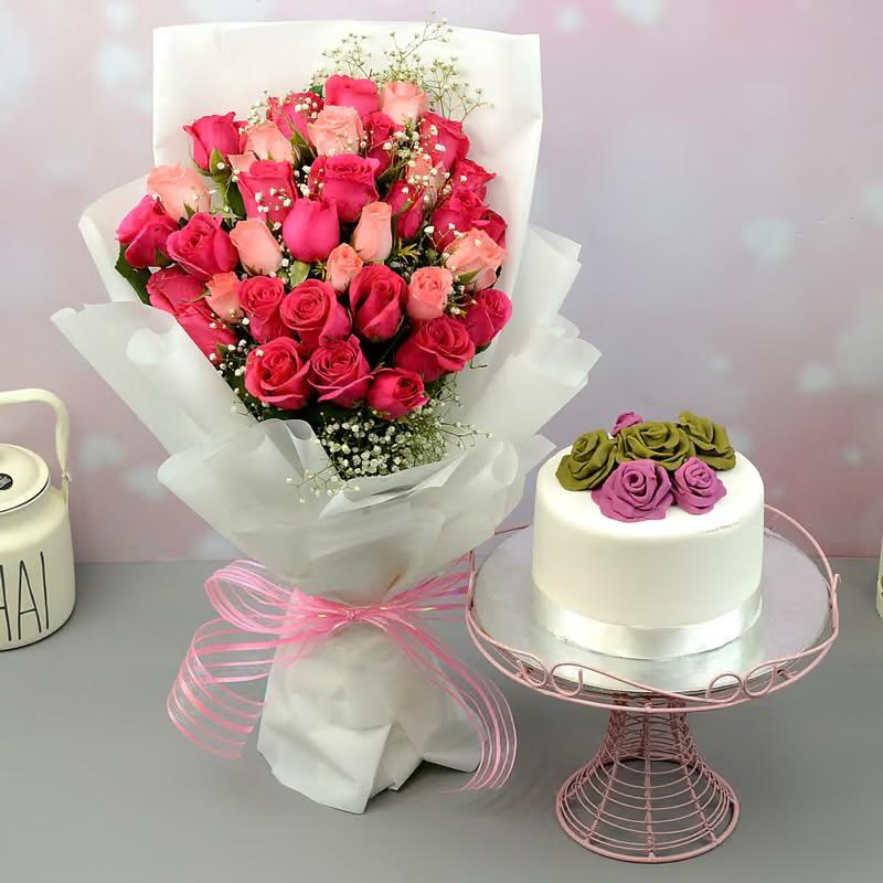 Stunning Flower Bouquet and Cake Combo