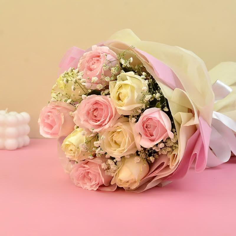 Elegant Mixed Rose Bouquet with Pink Ribbon