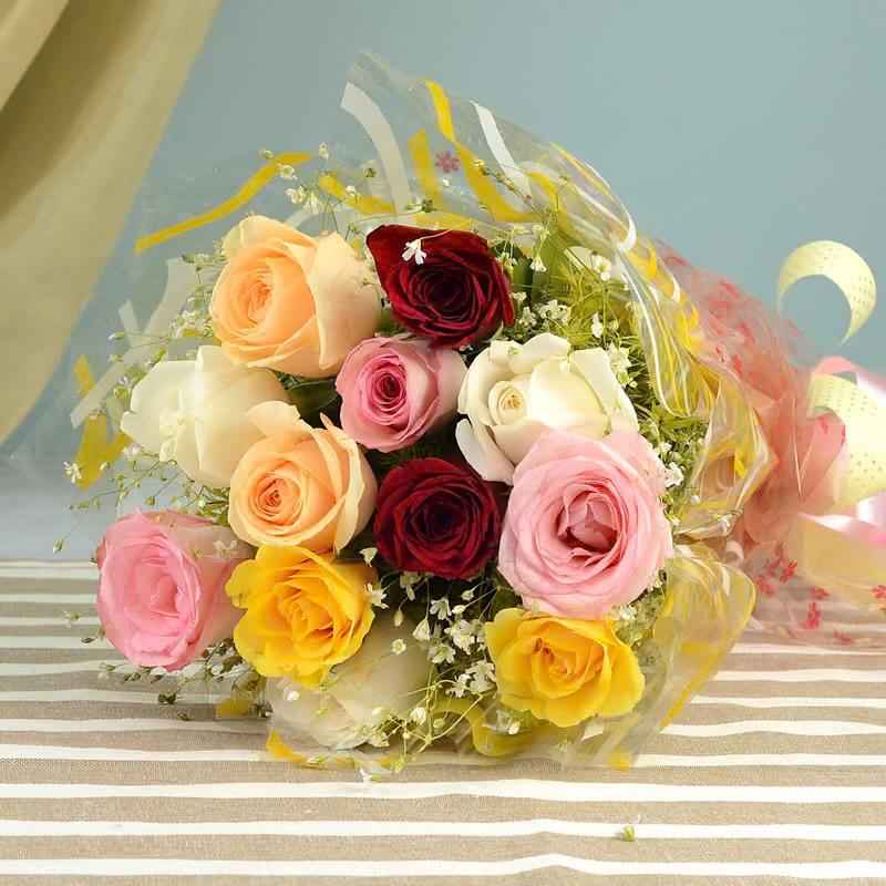 Elegant Mixed Rose Bouquet with Pink Ribbon