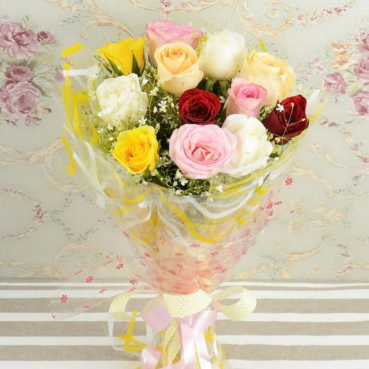 Elegant Mixed Rose Bouquet with Pink Ribbon