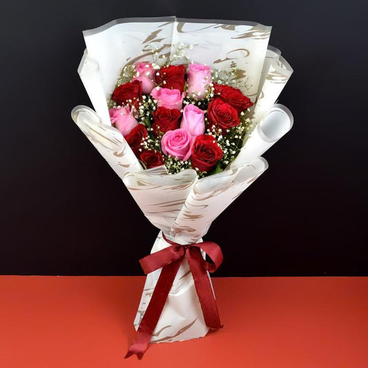 Elegant Mixed Rose Bouquet with Pink Ribbon