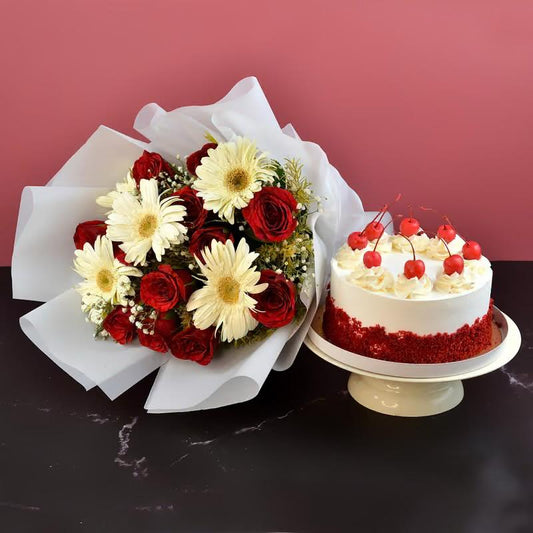 Stunning Flower Bouquet and Cake Combo