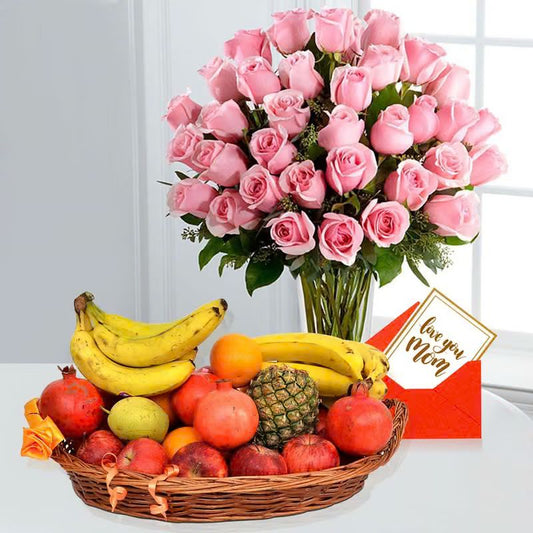Pink Roses Bouquet with Fresh Fruit Basket & Greeting Card