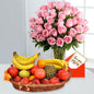 Pink Roses Bouquet with Fresh Fruit Basket & Greeting Card