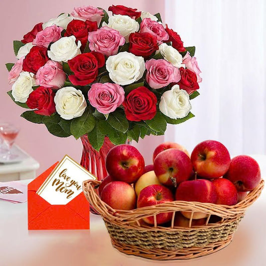 Pink Roses Bouquet with Fresh Fruit Basket & Greeting Card