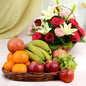 Pink Roses Bouquet with Fresh Fruit Basket & Greeting Card